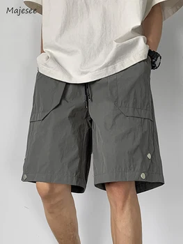 מכנסי גברים הברך אורך הקיץ מדי יום מזדמן יפנית בסגנון רטרו לנשימה אופנתי כל-התאמה Hige רחוב משוחרר שרוך מוצק