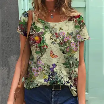 נשים חולצות הדפסת 3D פרחים צמחים Tees בגדי הקיץ הנשי גג רופף קט החוף סגנון אופנה אישה חולצה 2023