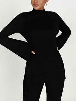 נשים לסרוג 2 חתיכה תלבושות מוצק צבע סוודר סוודר וגמיש הזיקוק מכנסיים להגדיר אופנת רחוב ספורטוויר אסתטי בגדים