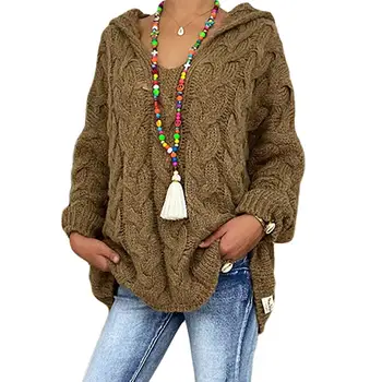 נשים סוודר בחורף סתיו מוצק צבע השרוול הארוך קלוע עם ברדס סוודר свитер женский סרגה סוודר Oversize 2023