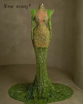 ערבית ירוק סקסי אשליה מנצנץ נצנצים גבוה צוואר שרוולים ארוכים שמלות ערב לאירועים מיוחדים טקס אירועים צד שמלות