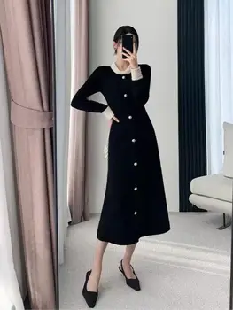 צרפתי משרד גבירותיי חורף אלגנטי בציר צמר לסרוג שמלות נשים יוקרה איכות טובה שמלת מסיבת שחור טלאים השמלה 2023