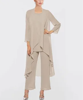 שרוול ארוך שיפון סרבל אמא של כלות שמלות קו-חליפת מכנסיים באורך קרסול שמלת הסנדקית לנשים